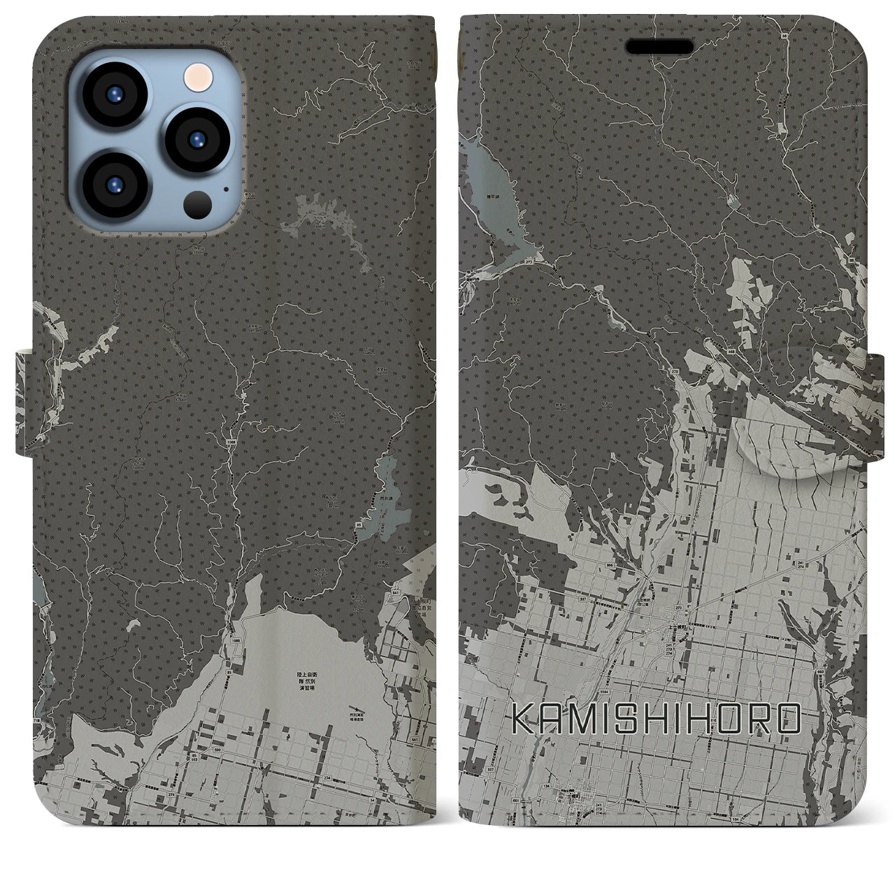 【上士幌(北海道)】地図柄iPhoneケース(手帳タイプ)モノトーン・iPhone 13 Pro Max 用