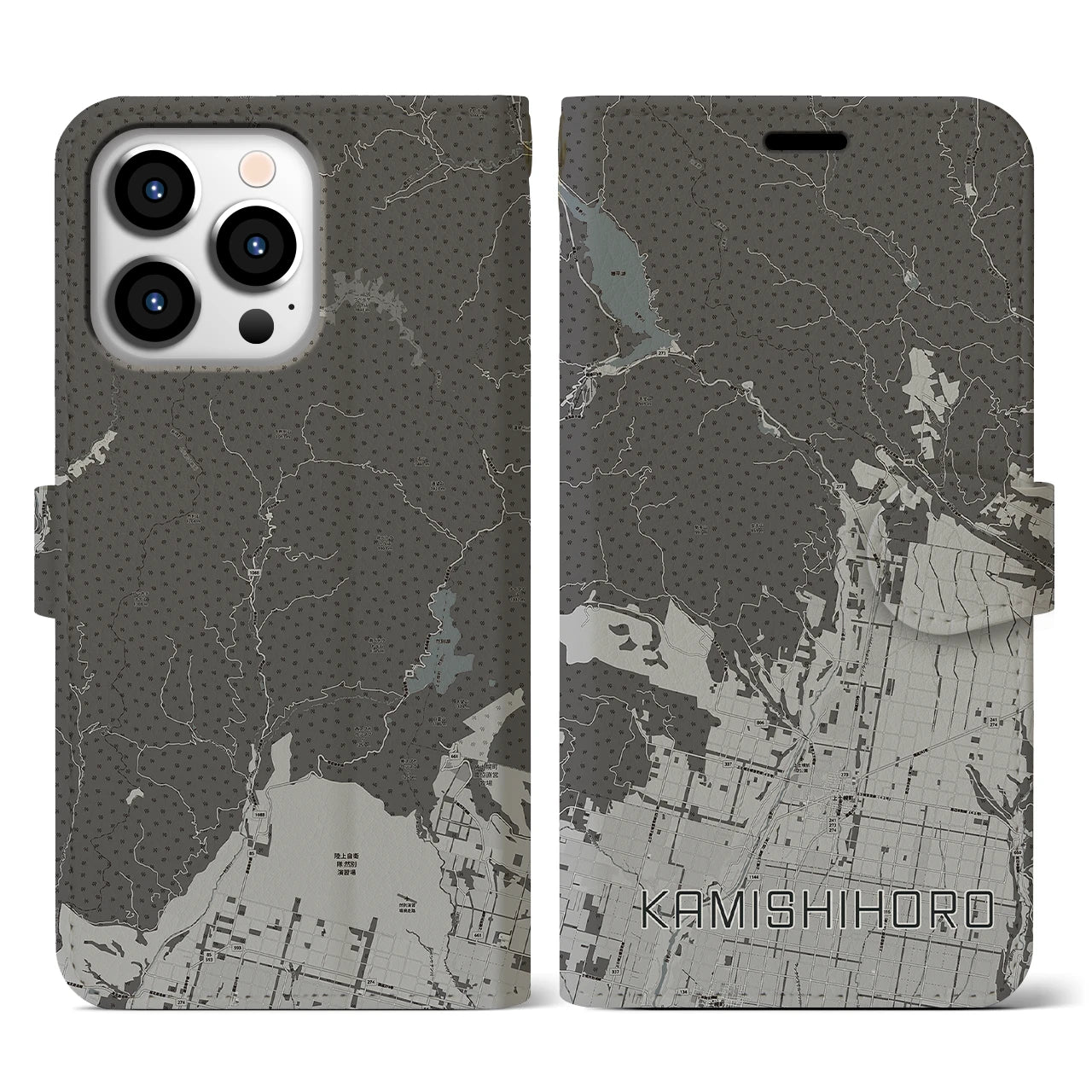 【上士幌(北海道)】地図柄iPhoneケース(手帳タイプ)モノトーン・iPhone 13 Pro 用
