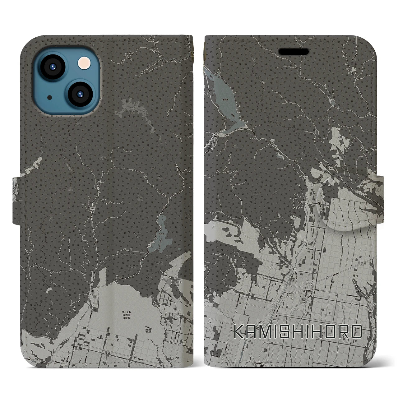 【上士幌(北海道)】地図柄iPhoneケース(手帳タイプ)モノトーン・iPhone 13 用