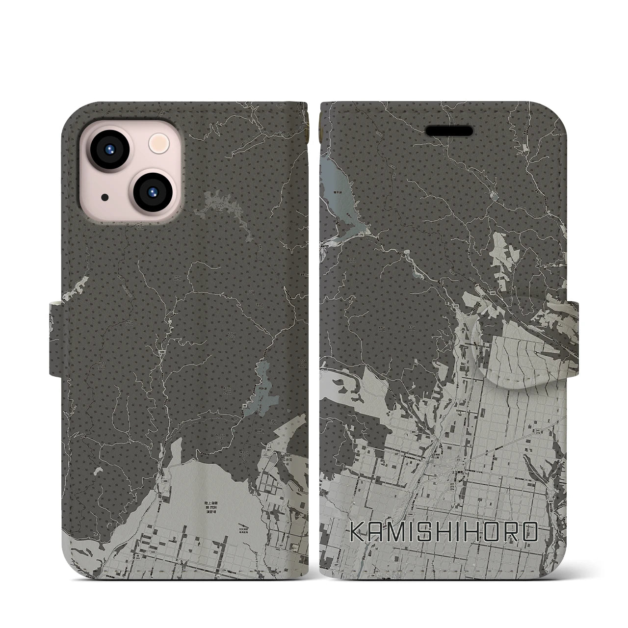 【上士幌(北海道)】地図柄iPhoneケース(手帳タイプ)モノトーン・iPhone 13 mini 用