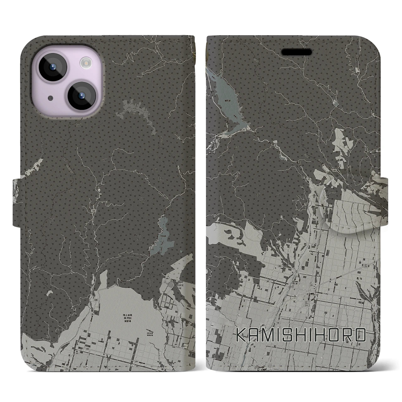 【上士幌(北海道)】地図柄iPhoneケース(手帳タイプ)モノトーン・iPhone 14 用