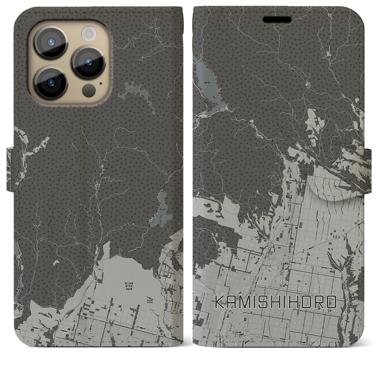 【上士幌(北海道)】地図柄iPhoneケース(手帳タイプ)モノトーン・iPhone 14 Pro Max 用
