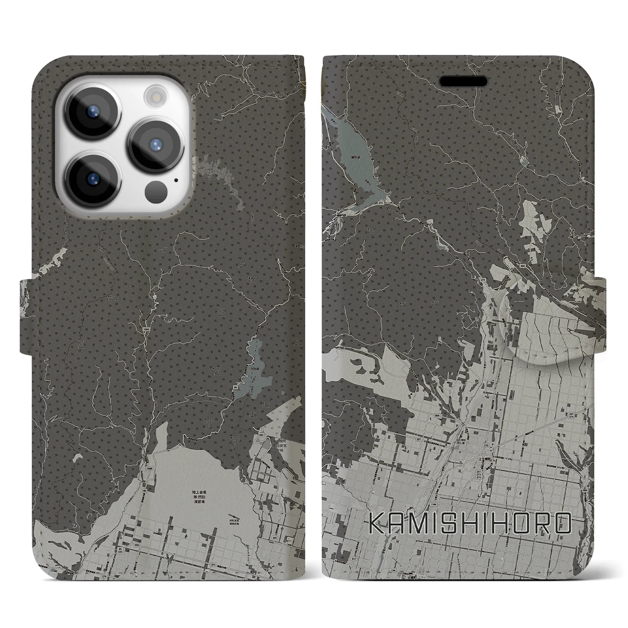 【上士幌(北海道)】地図柄iPhoneケース(手帳タイプ)モノトーン・iPhone 14 Pro 用