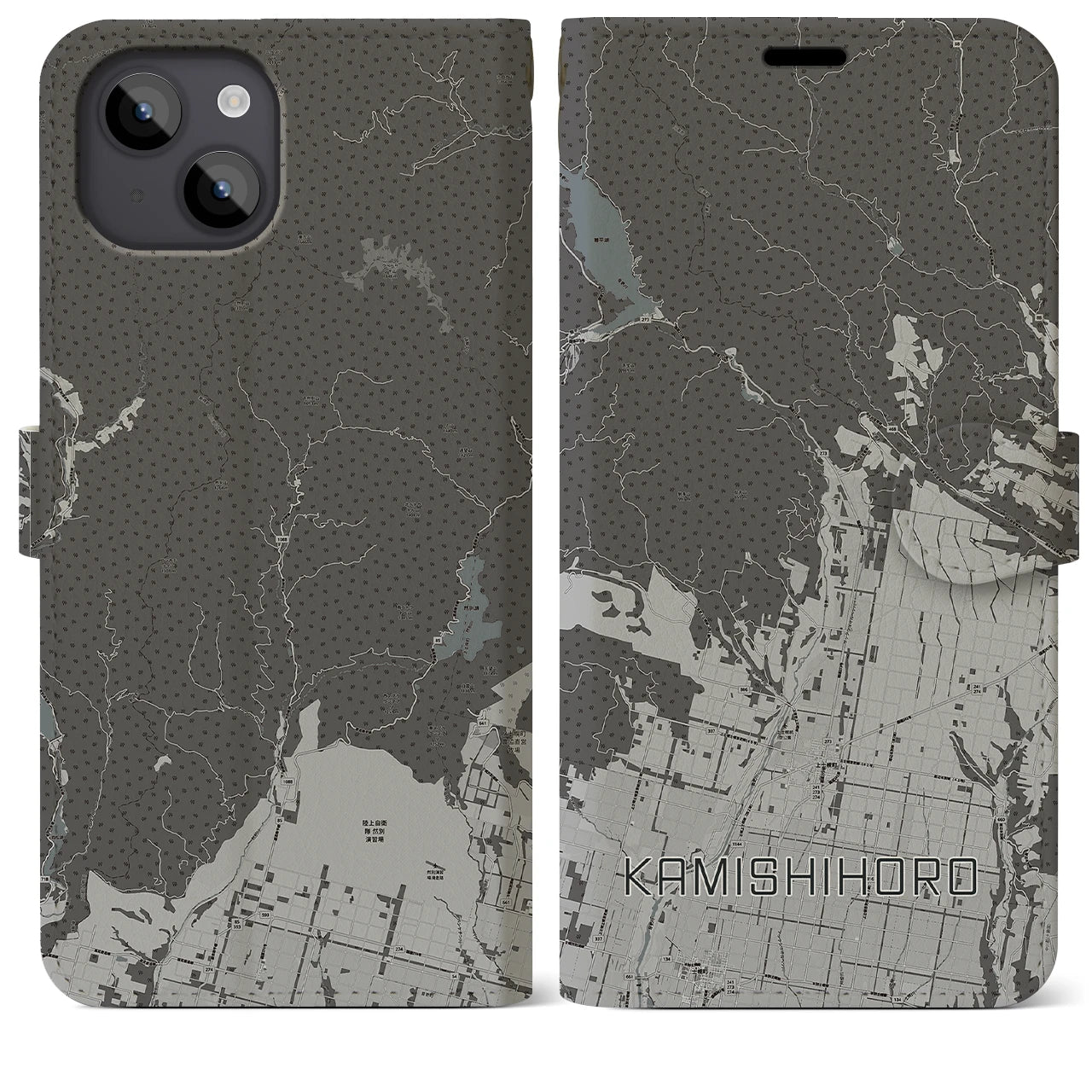 【上士幌(北海道)】地図柄iPhoneケース(手帳タイプ)モノトーン・iPhone 14 Plus 用