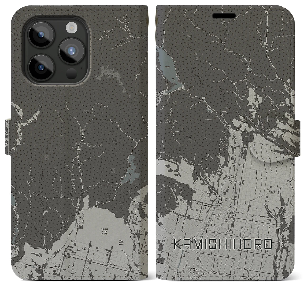 【上士幌(北海道)】地図柄iPhoneケース(手帳タイプ)モノトーン・iPhone 15 Pro Max 用