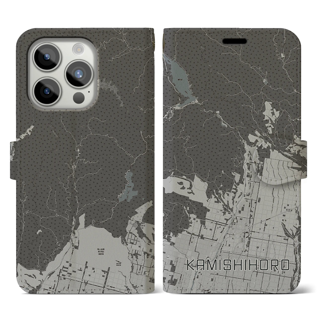 【上士幌(北海道)】地図柄iPhoneケース(手帳タイプ)モノトーン・iPhone 15 Pro 用