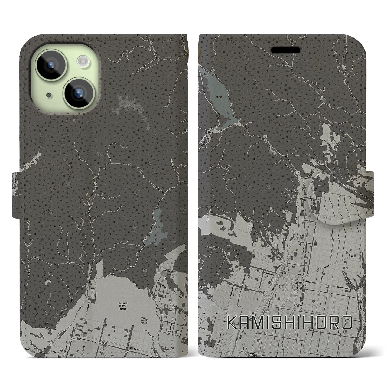 【上士幌(北海道)】地図柄iPhoneケース(手帳タイプ)モノトーン・iPhone 15 用