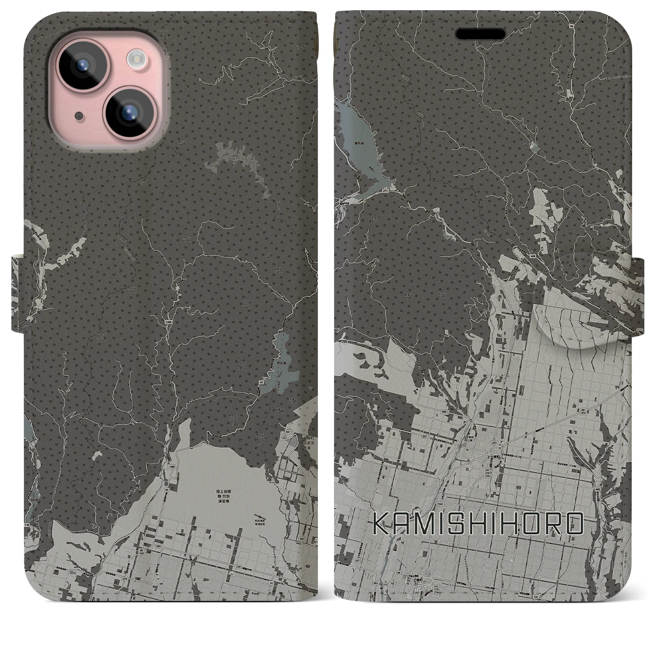 【上士幌(北海道)】地図柄iPhoneケース(手帳タイプ)モノトーン・iPhone 15 Plus 用