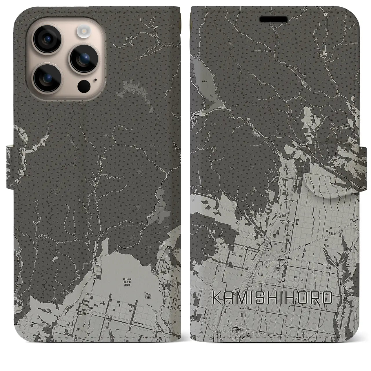 【上士幌(北海道)】地図柄iPhoneケース(手帳タイプ)モノトーン・iPhone 16 Plus 用