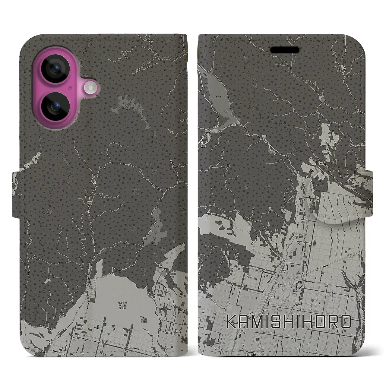 【上士幌(北海道)】地図柄iPhoneケース(手帳タイプ)モノトーン・iPhone 16 Pro 用