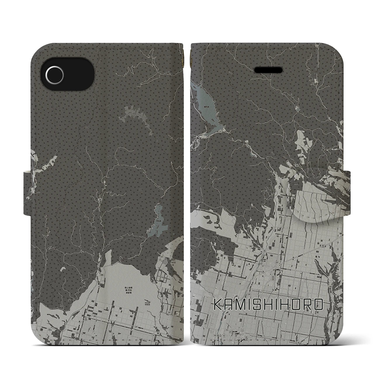 【上士幌(北海道)】地図柄iPhoneケース(手帳タイプ)モノトーン・iPhone SE(第3 / 第2世代) / 8 / 7 / 6s / 6 用
