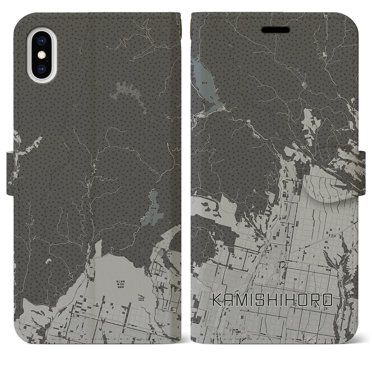 【上士幌(北海道)】地図柄iPhoneケース(手帳タイプ)モノトーン・iPhone XS Max 用