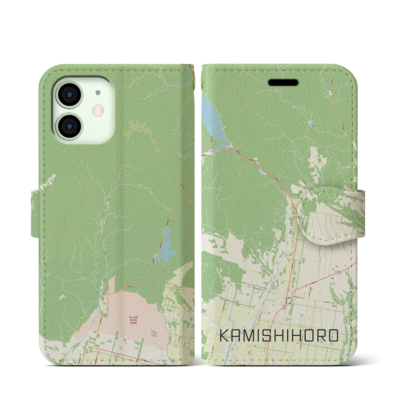 【上士幌(北海道)】地図柄iPhoneケース(手帳タイプ)ナチュラル・iPhone 12 mini 用