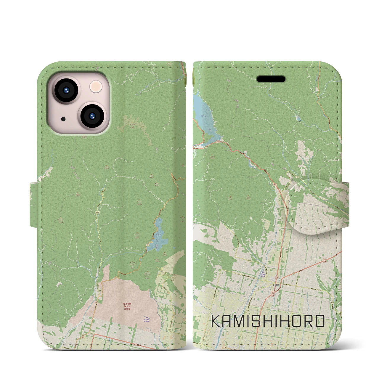 【上士幌(北海道)】地図柄iPhoneケース(手帳タイプ)ナチュラル・iPhone 13 mini 用