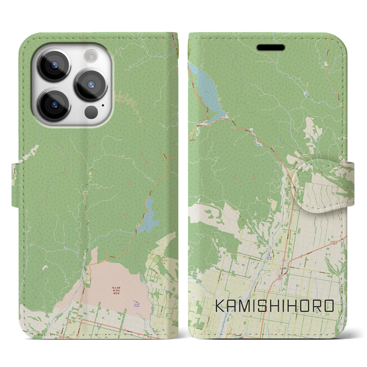 【上士幌(北海道)】地図柄iPhoneケース(手帳タイプ)ナチュラル・iPhone 14 Pro 用