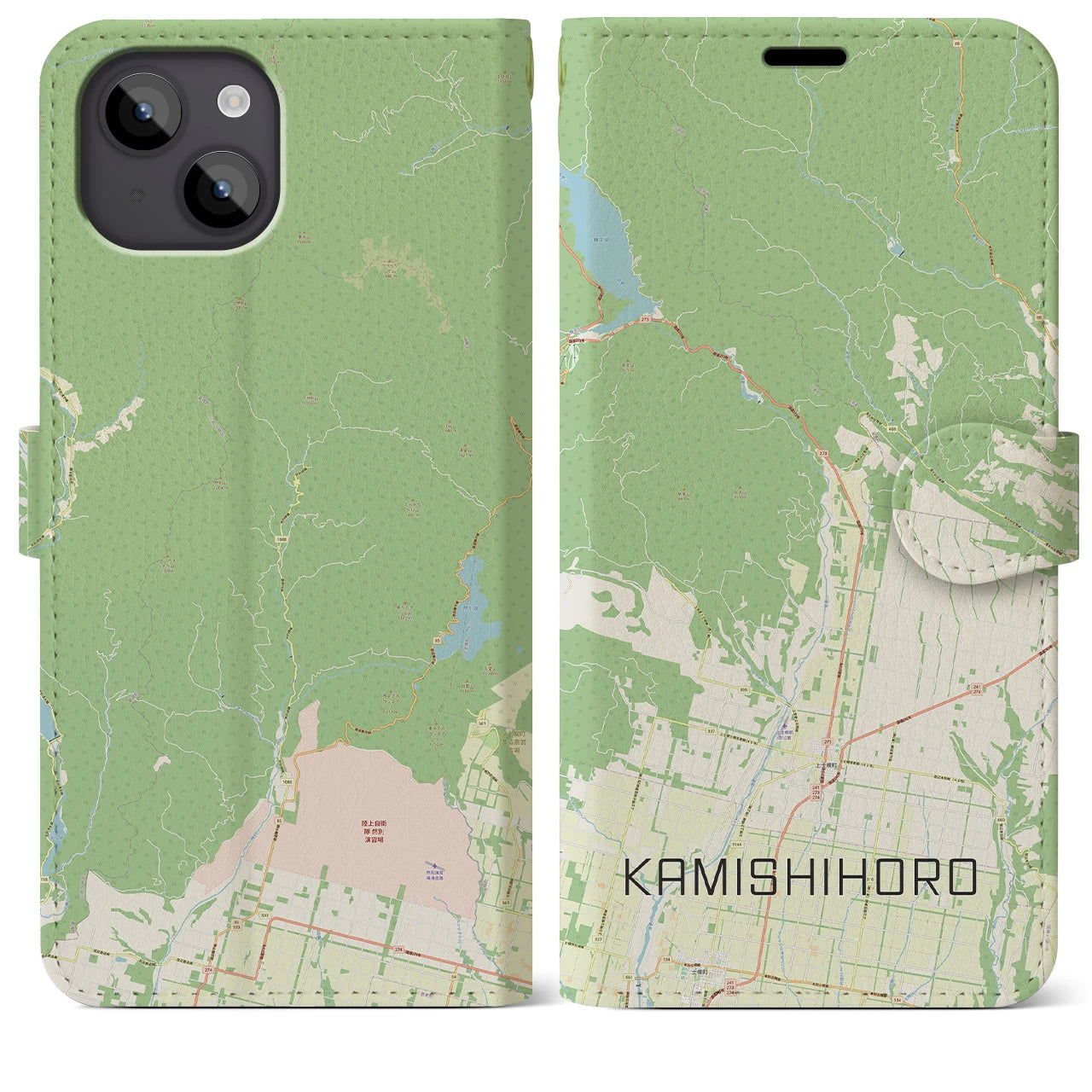 【上士幌(北海道)】地図柄iPhoneケース(手帳タイプ)ナチュラル・iPhone 14 Plus 用