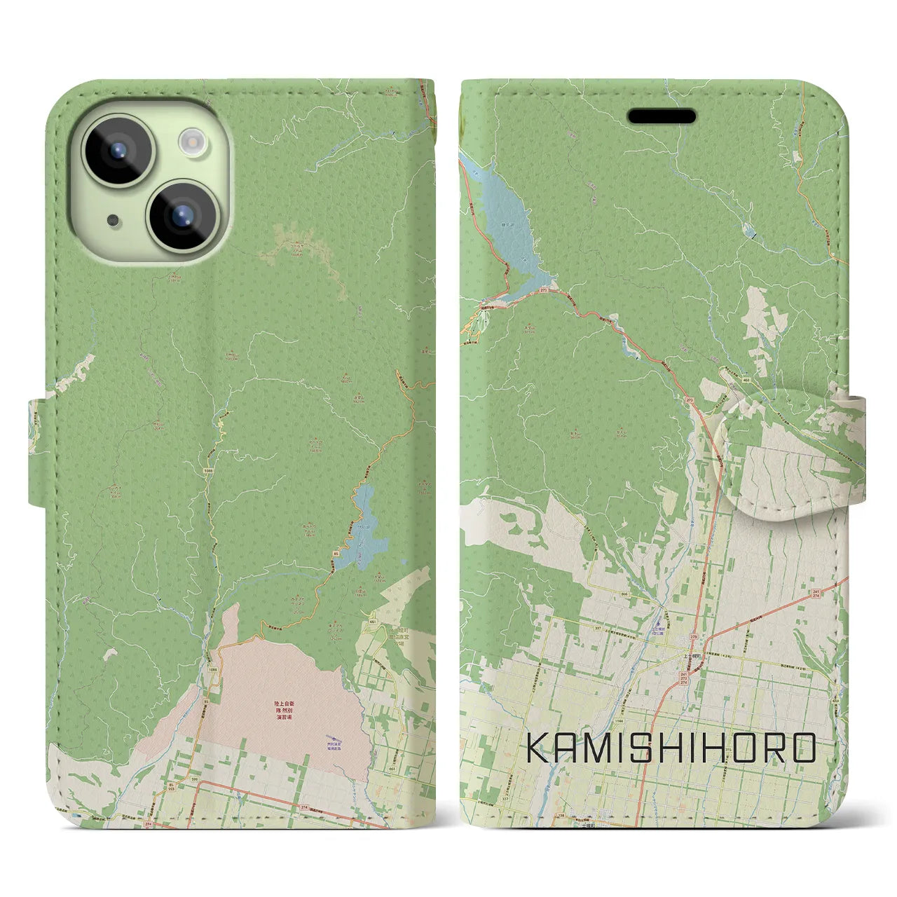 【上士幌(北海道)】地図柄iPhoneケース(手帳タイプ)ナチュラル・iPhone 15 用