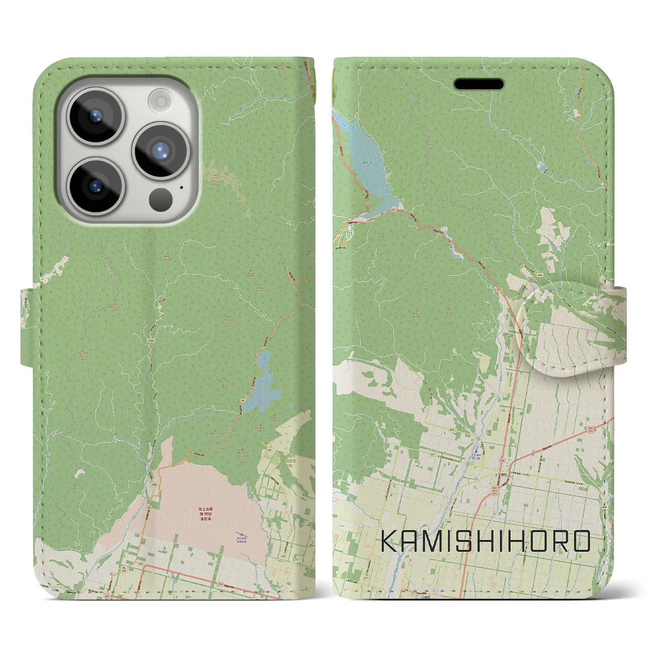 【上士幌(北海道)】地図柄iPhoneケース(手帳タイプ)ナチュラル・iPhone 15 Pro 用