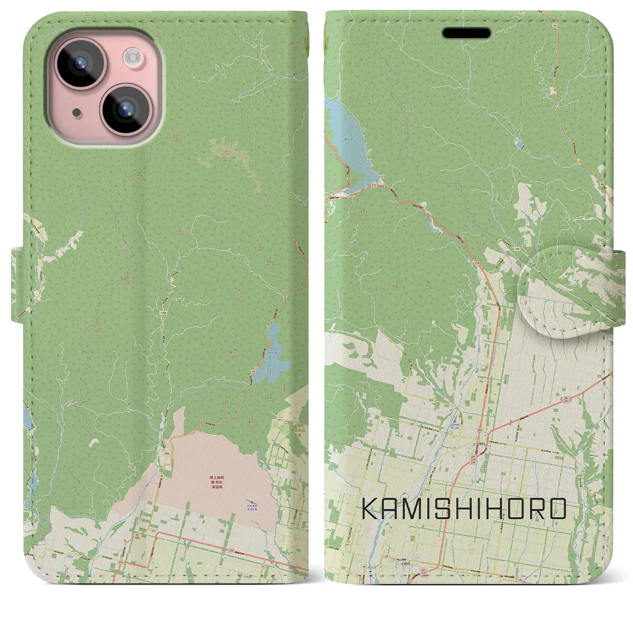 【上士幌(北海道)】地図柄iPhoneケース(手帳タイプ)ナチュラル・iPhone 15 Plus 用
