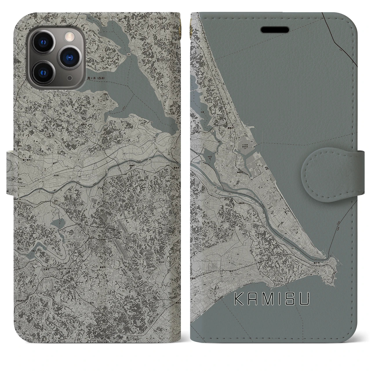 【神栖2(茨城県)】地図柄iPhoneケース(手帳タイプ)モノトーン・iPhone 11 Pro Max 用
