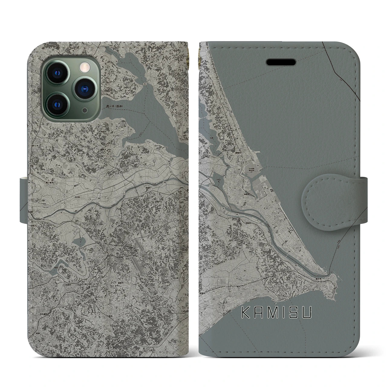 【神栖2(茨城県)】地図柄iPhoneケース(手帳タイプ)モノトーン・iPhone 11 Pro 用