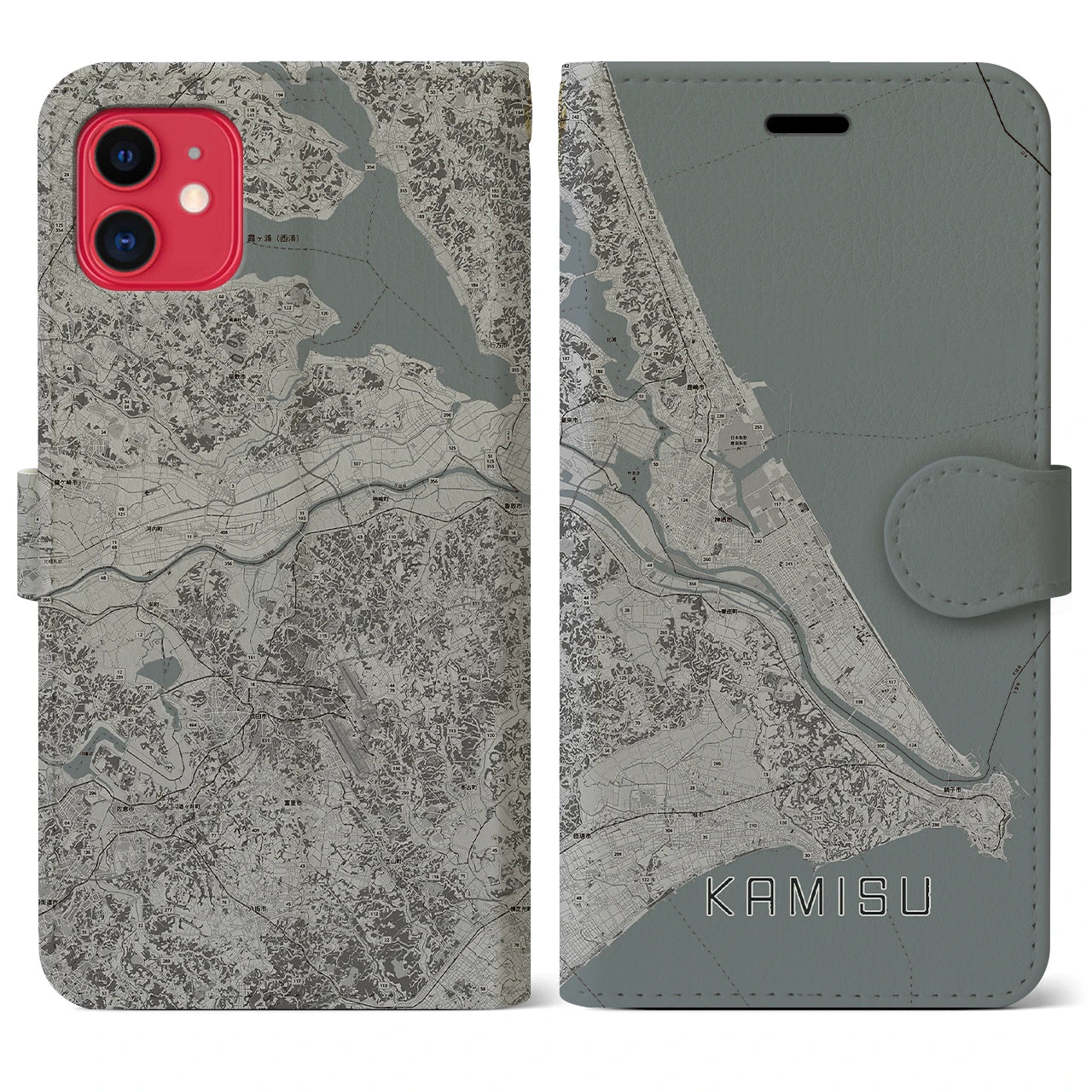 【神栖2(茨城県)】地図柄iPhoneケース(手帳タイプ)モノトーン・iPhone 11 用