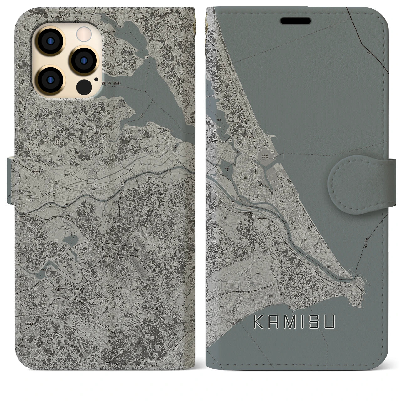 【神栖2(茨城県)】地図柄iPhoneケース(手帳タイプ)モノトーン・iPhone 12 Pro Max 用