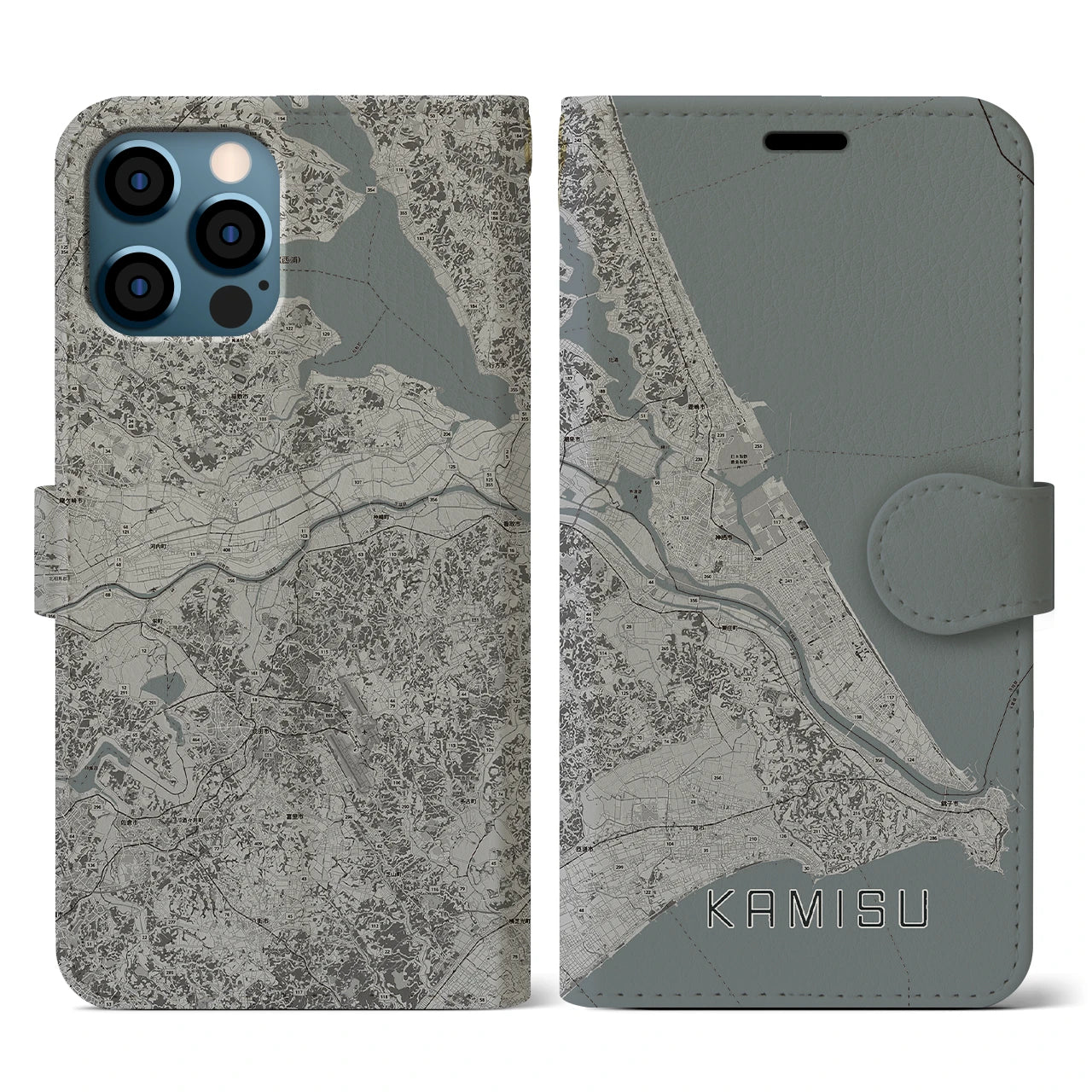 【神栖2(茨城県)】地図柄iPhoneケース(手帳タイプ)モノトーン・iPhone 12 / 12 Pro 用