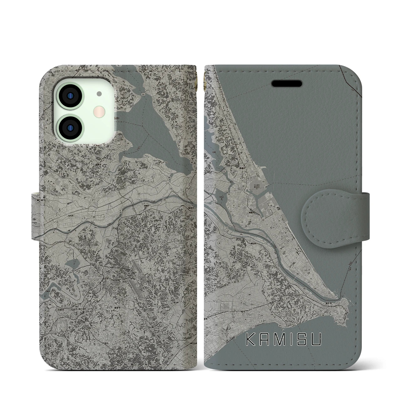 【神栖2(茨城県)】地図柄iPhoneケース(手帳タイプ)モノトーン・iPhone 12 mini 用