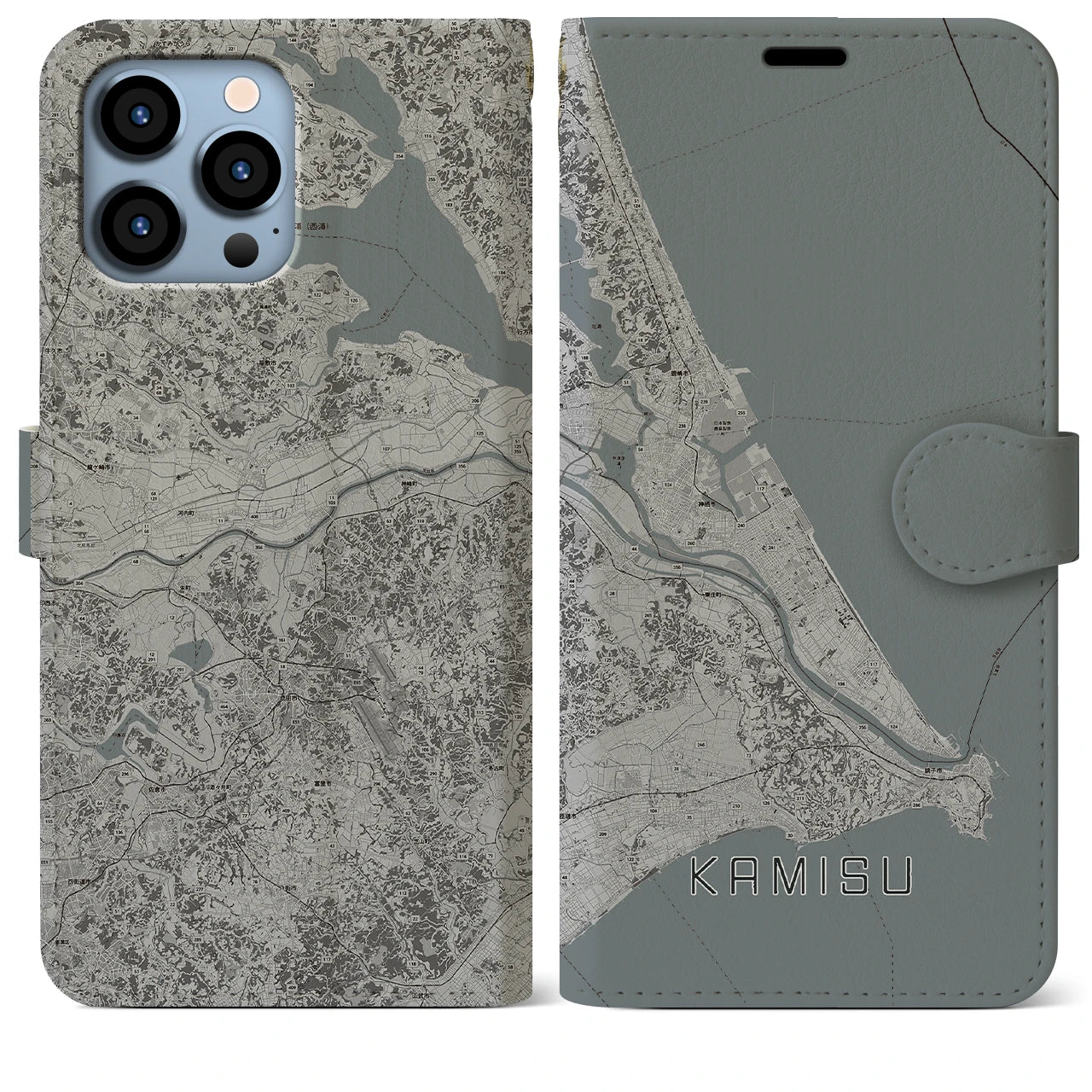 【神栖2(茨城県)】地図柄iPhoneケース(手帳タイプ)モノトーン・iPhone 13 Pro Max 用