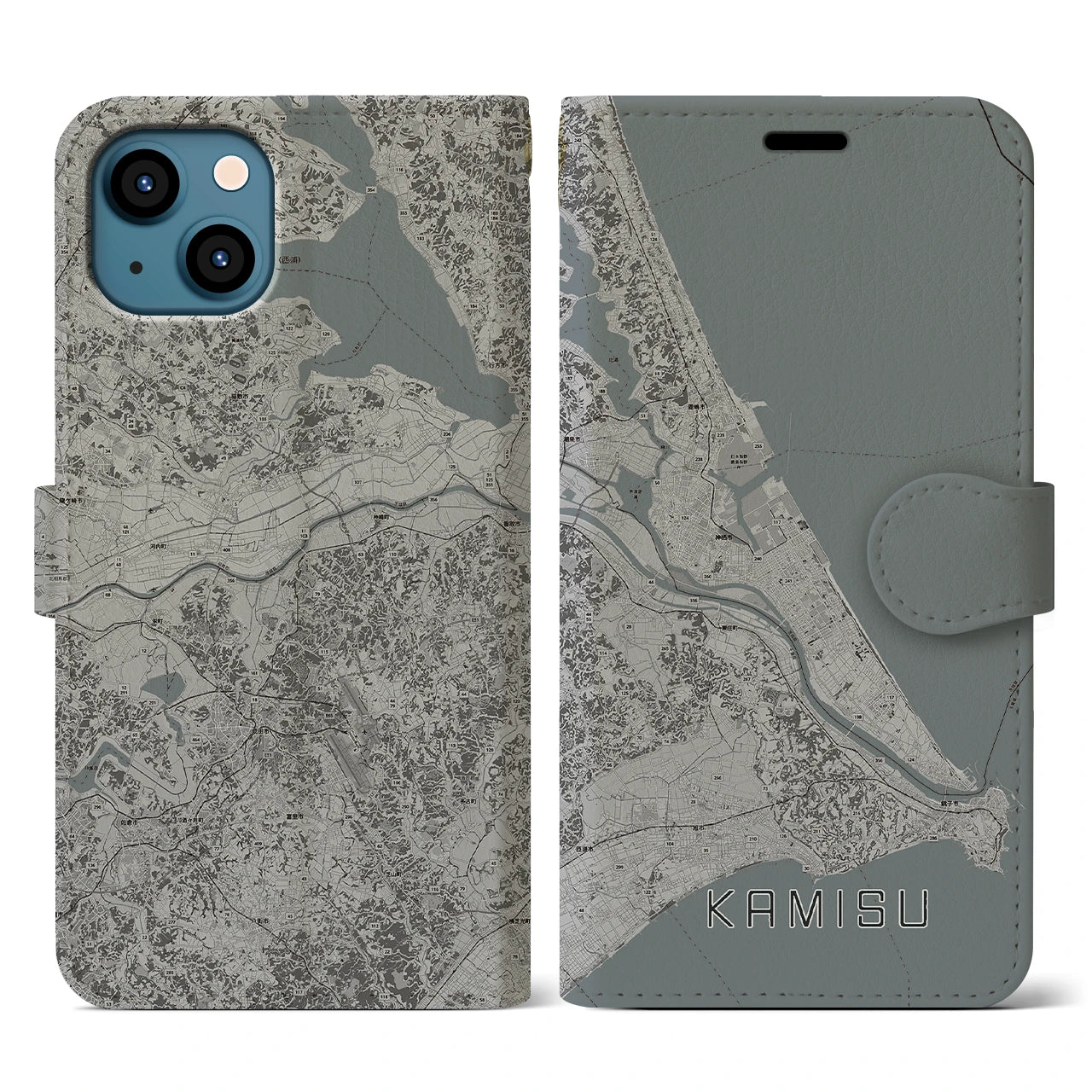 【神栖2(茨城県)】地図柄iPhoneケース(手帳タイプ)モノトーン・iPhone 13 用