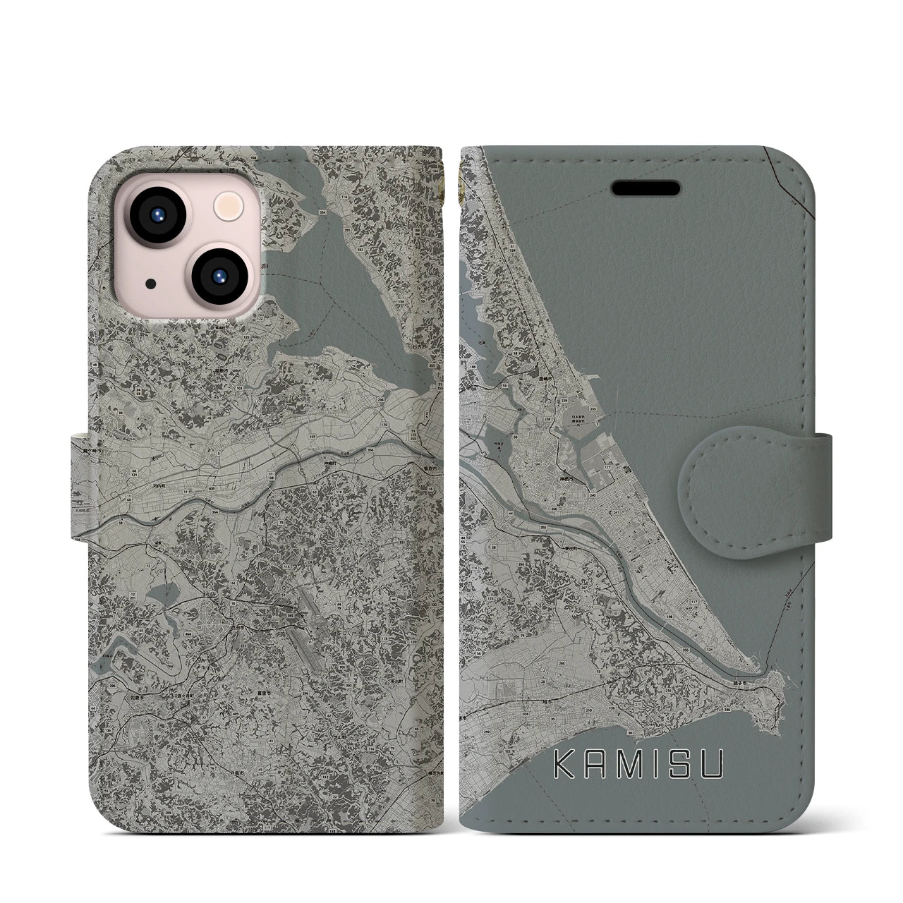 【神栖2(茨城県)】地図柄iPhoneケース(手帳タイプ)モノトーン・iPhone 13 mini 用