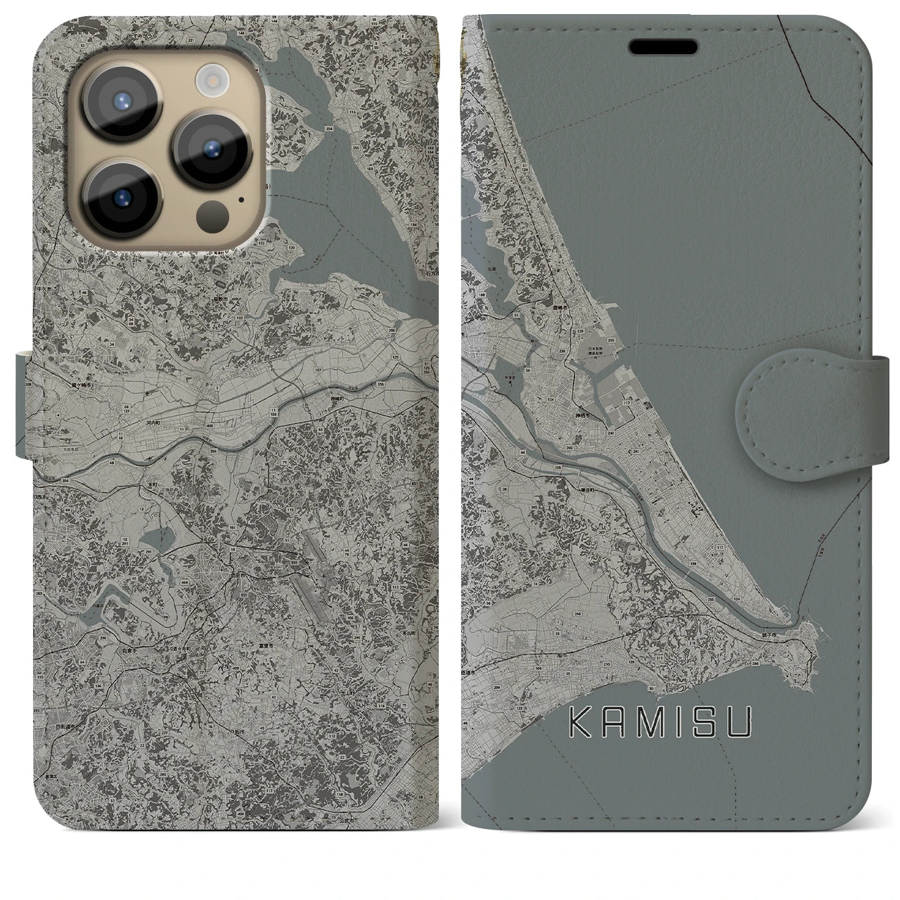 【神栖2(茨城県)】地図柄iPhoneケース(手帳タイプ)モノトーン・iPhone 14 Pro Max 用