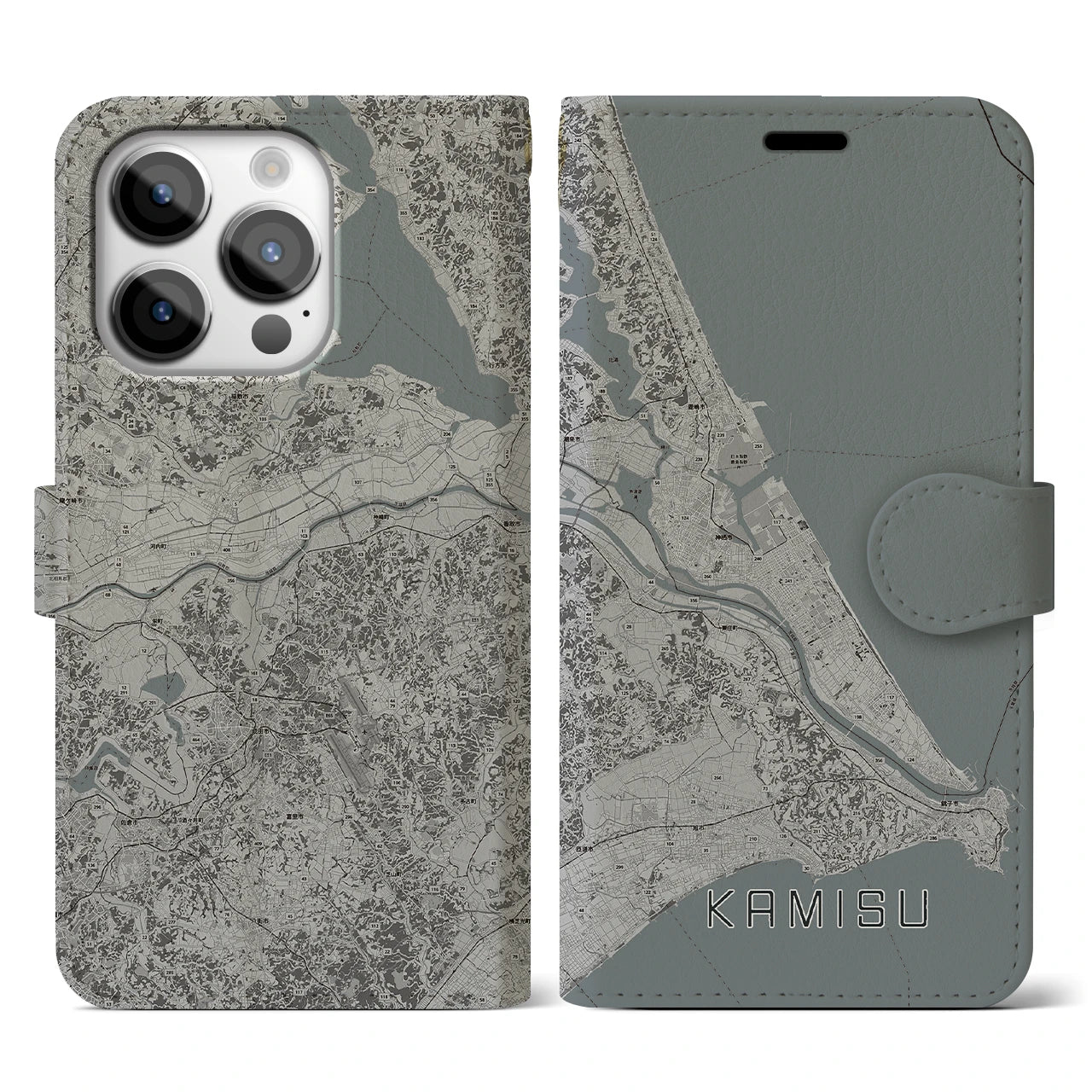 【神栖2(茨城県)】地図柄iPhoneケース(手帳タイプ)モノトーン・iPhone 14 Pro 用