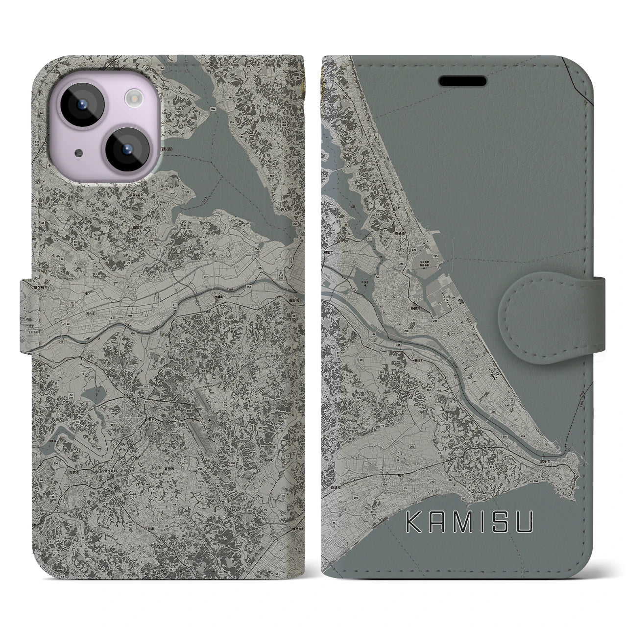【神栖2(茨城県)】地図柄iPhoneケース(手帳タイプ)モノトーン・iPhone 14 用