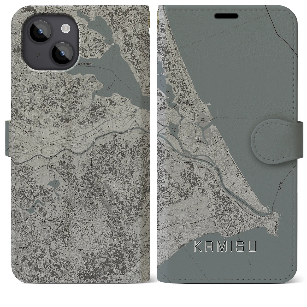 【神栖2(茨城県)】地図柄iPhoneケース(手帳タイプ)モノトーン・iPhone 14 Plus 用