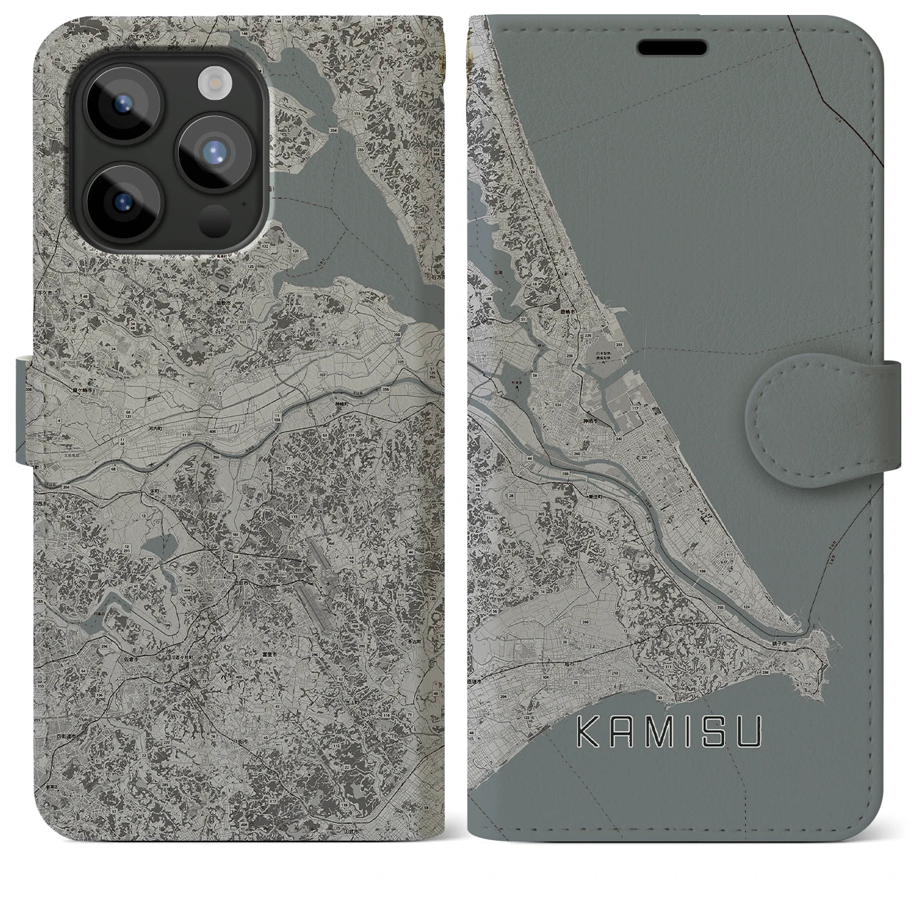 【神栖2(茨城県)】地図柄iPhoneケース(手帳タイプ)モノトーン・iPhone 15 Pro Max 用