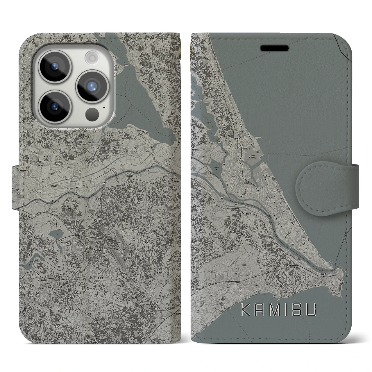 【神栖2(茨城県)】地図柄iPhoneケース(手帳タイプ)モノトーン・iPhone 15 Pro 用