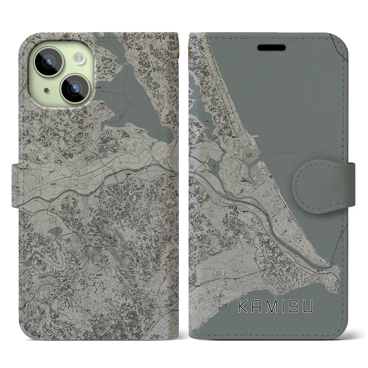 【神栖2(茨城県)】地図柄iPhoneケース(手帳タイプ)モノトーン・iPhone 15 用