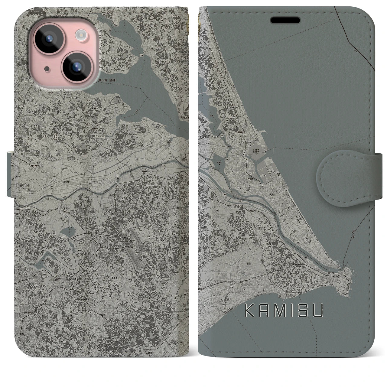 【神栖2(茨城県)】地図柄iPhoneケース(手帳タイプ)モノトーン・iPhone 15 Plus 用