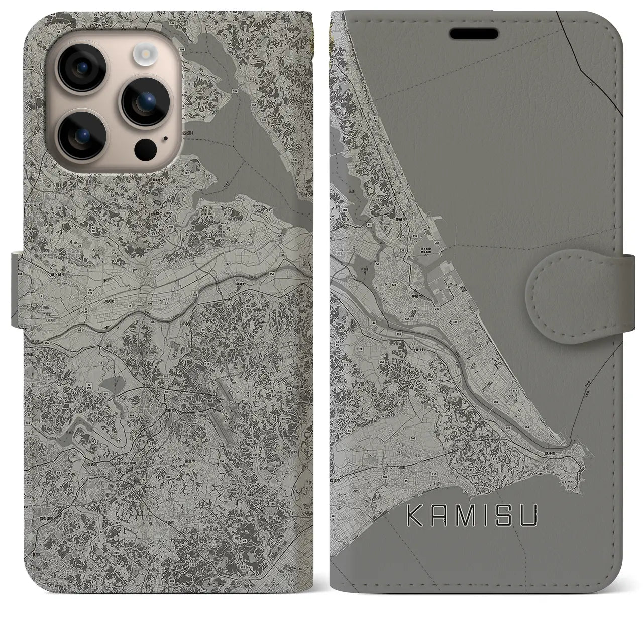 【神栖2(茨城県)】地図柄iPhoneケース(手帳タイプ)モノトーン・iPhone 16 Plus 用