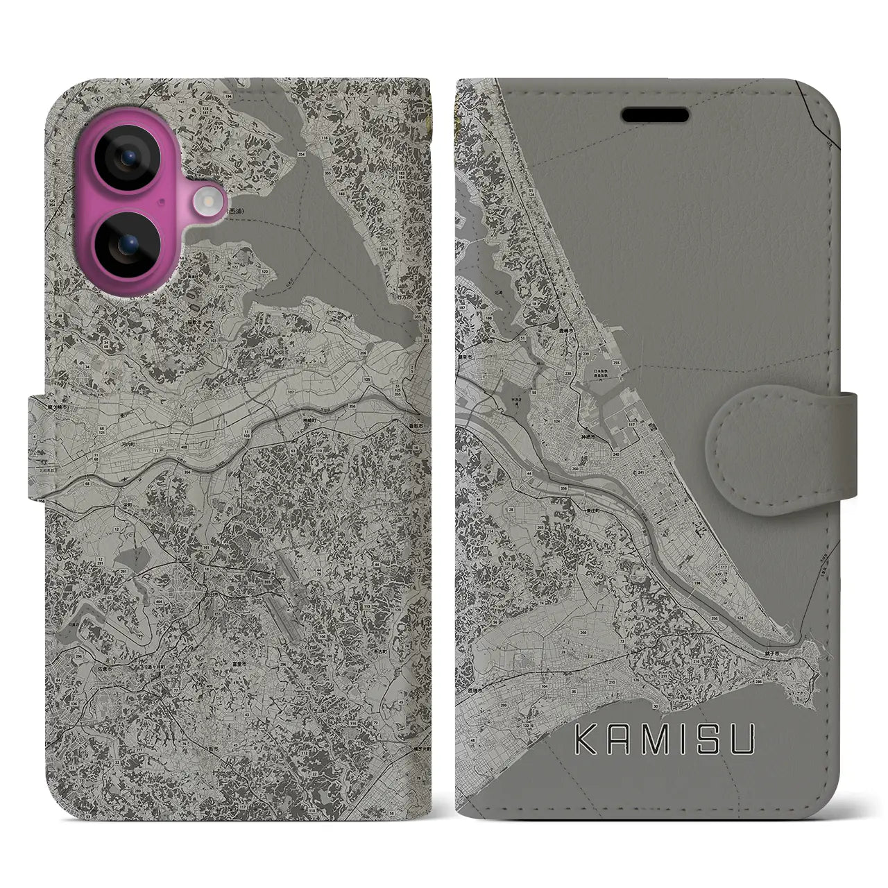 【神栖2(茨城県)】地図柄iPhoneケース(手帳タイプ)モノトーン・iPhone 16 Pro 用