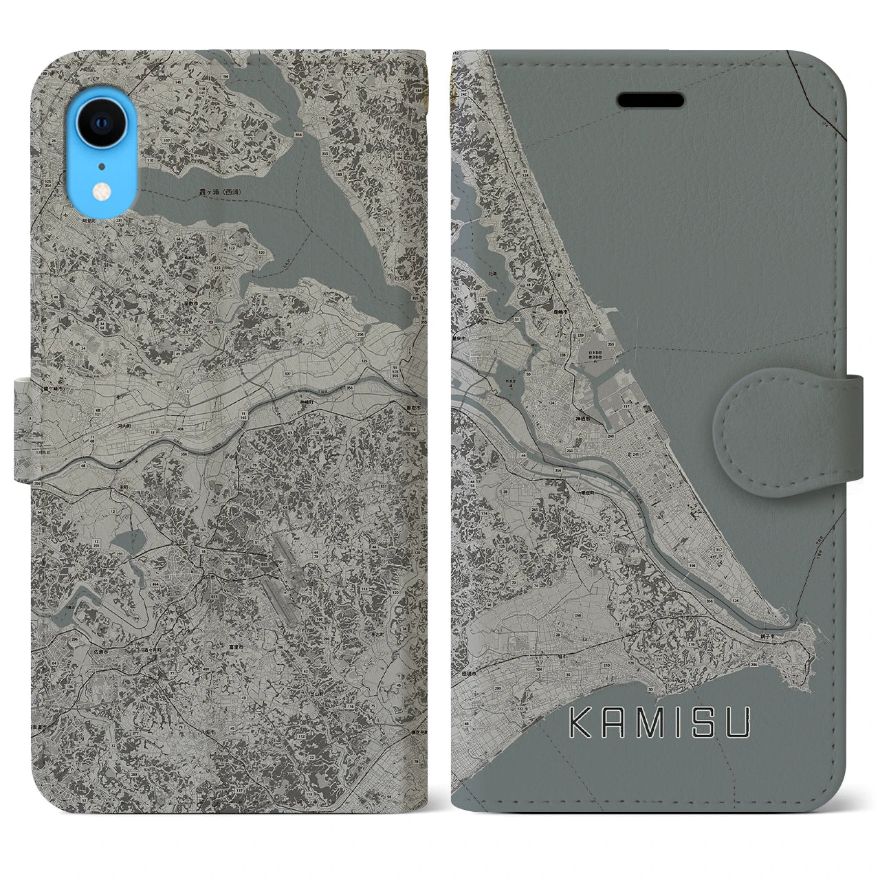 【神栖2(茨城県)】地図柄iPhoneケース(手帳タイプ)モノトーン・iPhone XR 用
