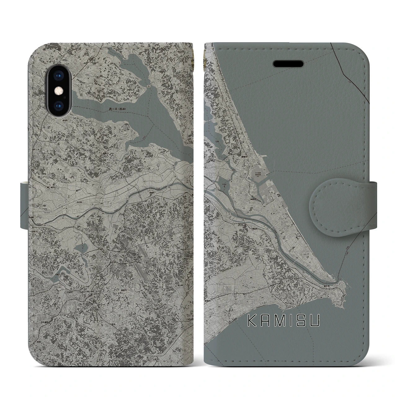 【神栖2(茨城県)】地図柄iPhoneケース(手帳タイプ)モノトーン・iPhone XS / X 用