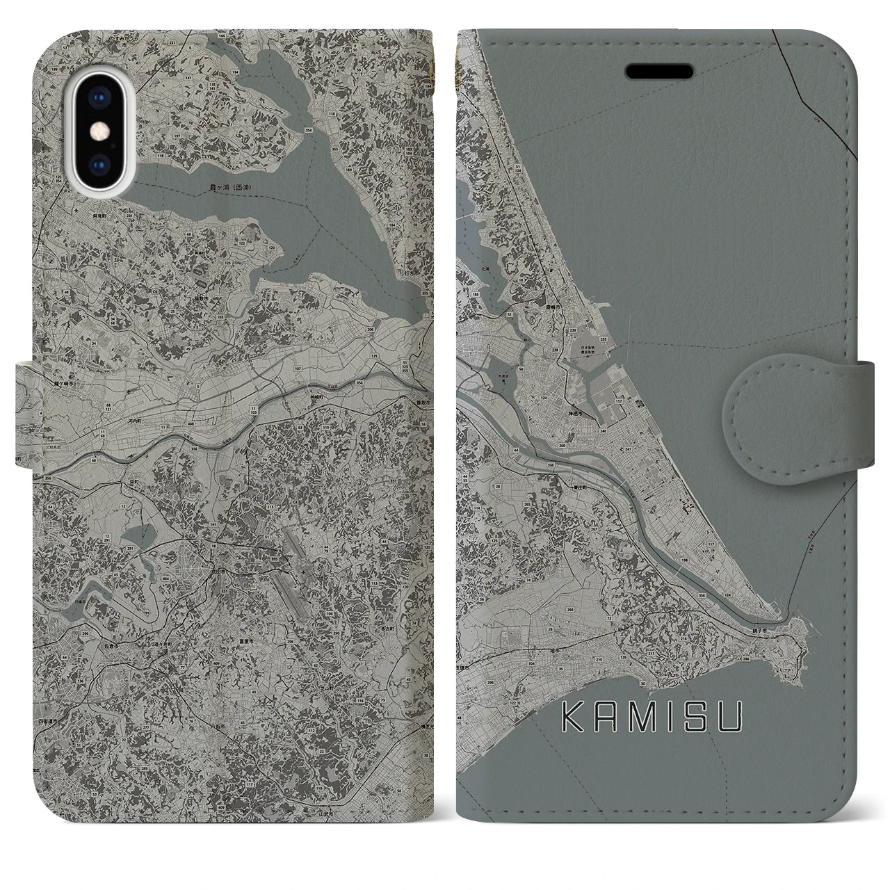 【神栖2(茨城県)】地図柄iPhoneケース(手帳タイプ)モノトーン・iPhone XS Max 用
