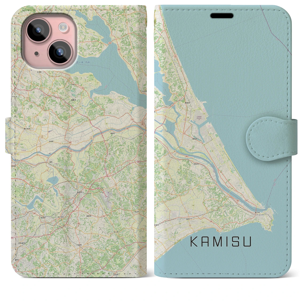 【神栖2(茨城県)】地図柄iPhoneケース(手帳タイプ)ナチュラル・iPhone 15 Plus 用