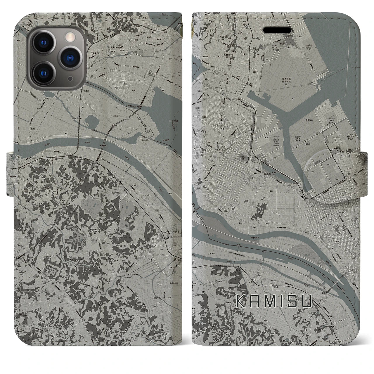 【神栖(茨城県)】地図柄iPhoneケース(手帳タイプ)モノトーン・iPhone 11 Pro Max 用