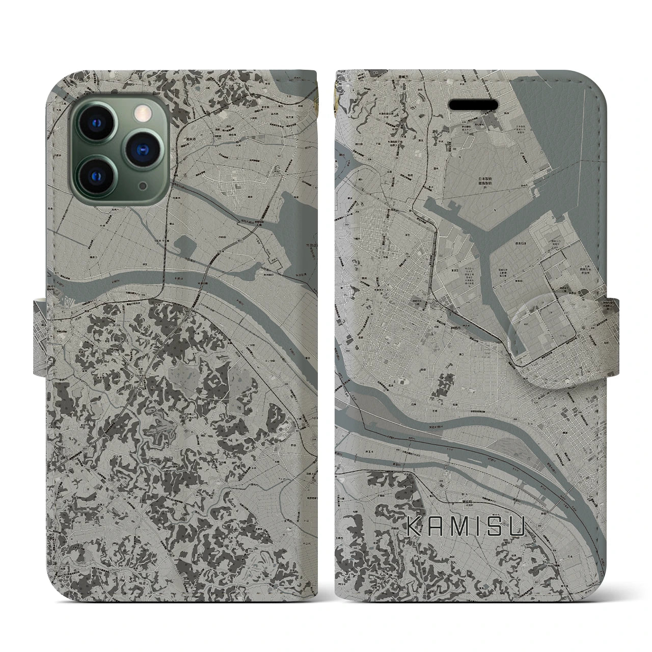 【神栖(茨城県)】地図柄iPhoneケース(手帳タイプ)モノトーン・iPhone 11 Pro 用