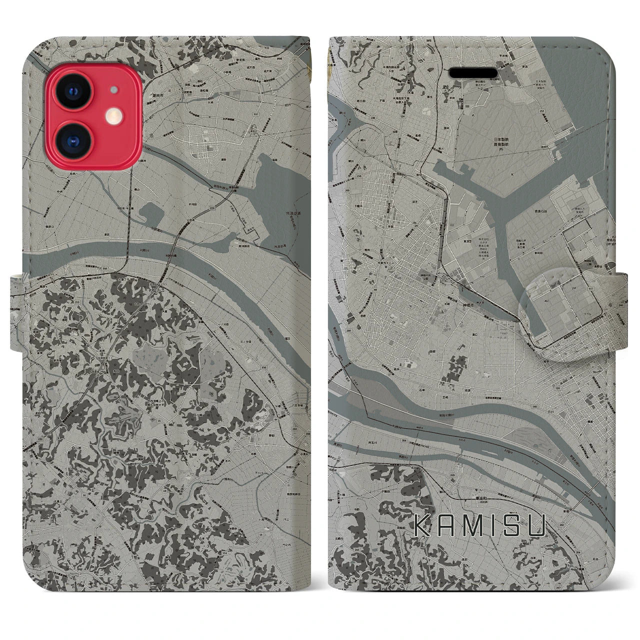 【神栖(茨城県)】地図柄iPhoneケース(手帳タイプ)モノトーン・iPhone 11 用