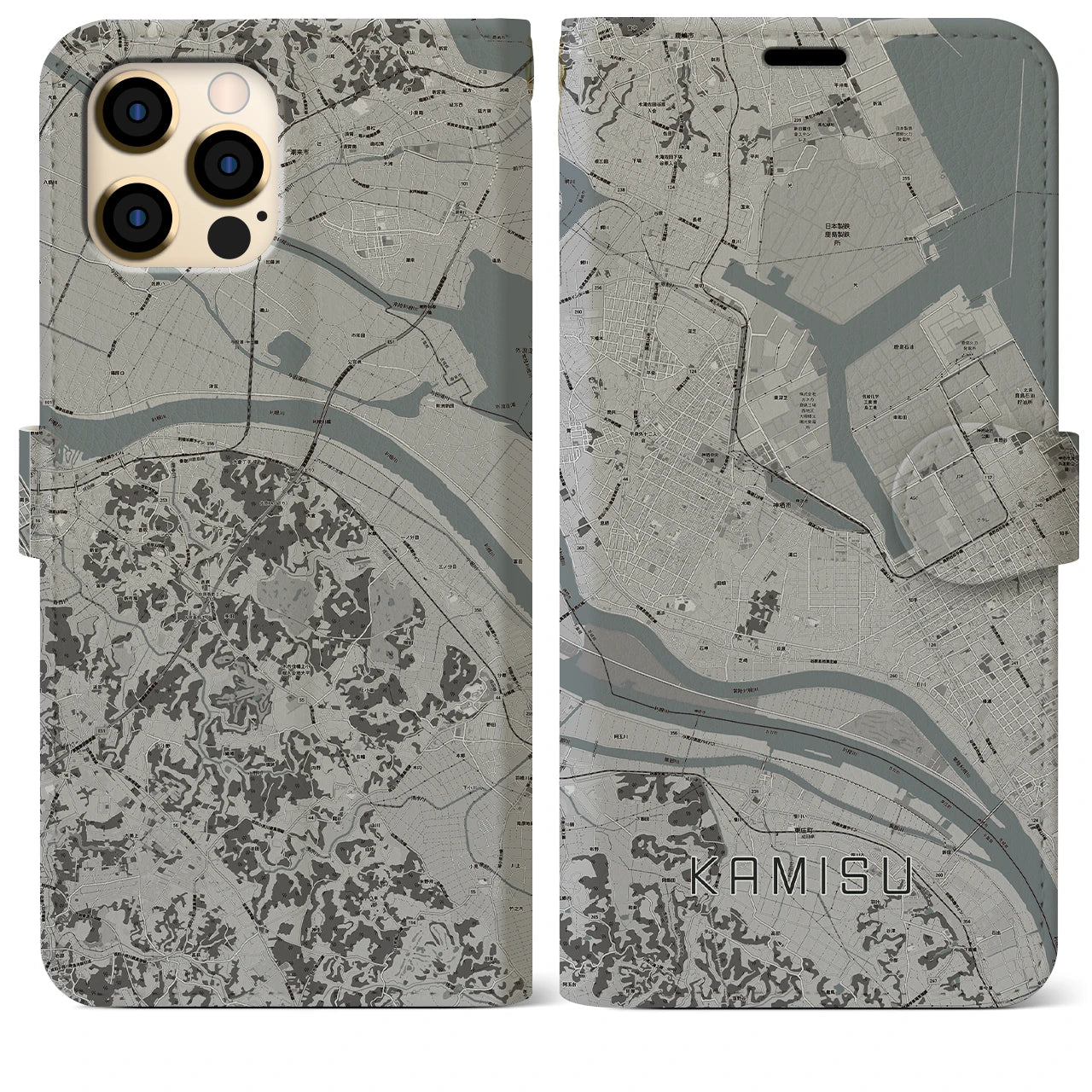 【神栖(茨城県)】地図柄iPhoneケース(手帳タイプ)モノトーン・iPhone 12 Pro Max 用